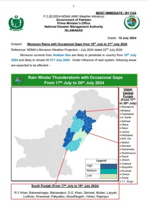 Monsoon Rains with Occasional Gaps from 16 th July to 21st July 2024